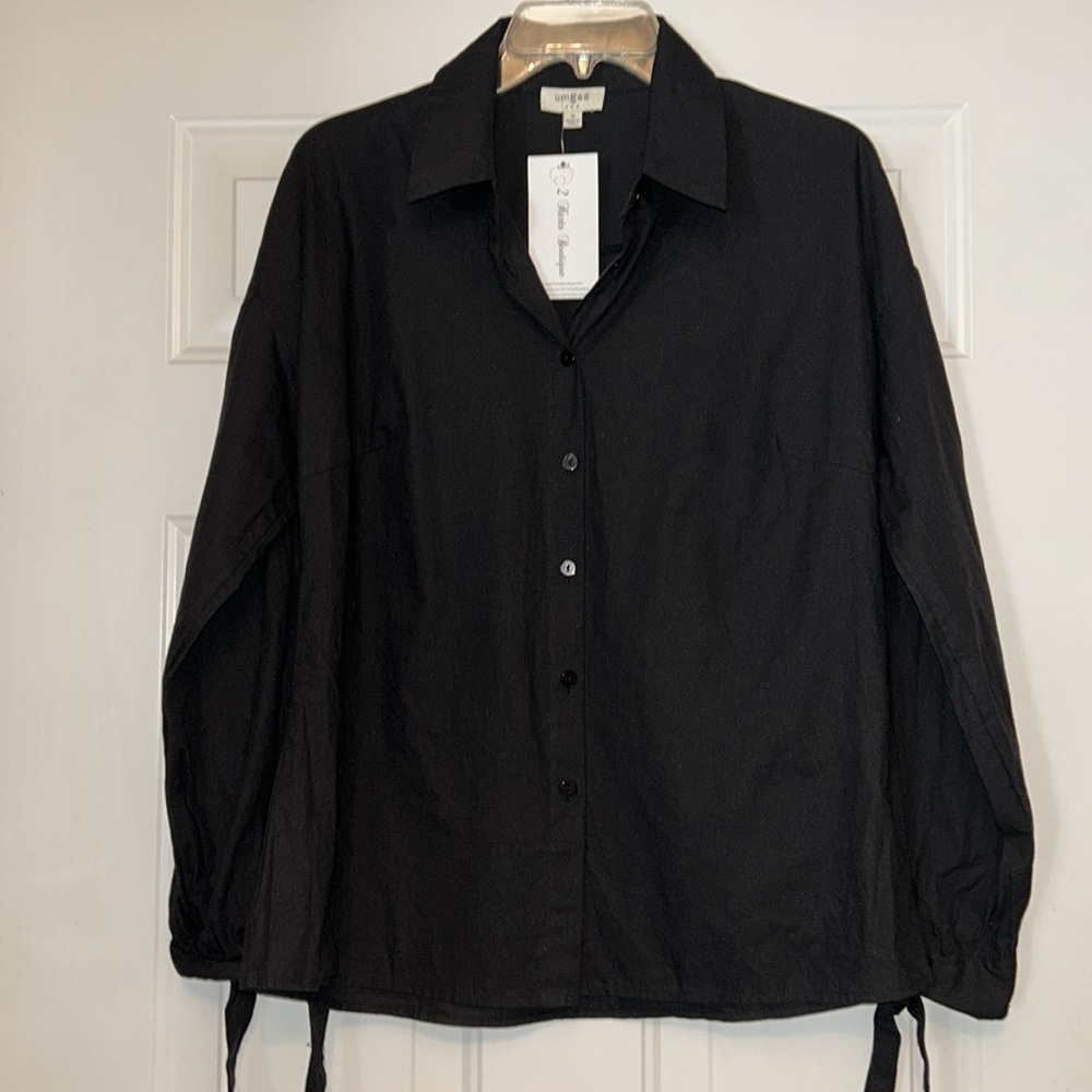 Umgee Cotton Button Top Tie Sleeve Women's Top M Black NWT Classic Career